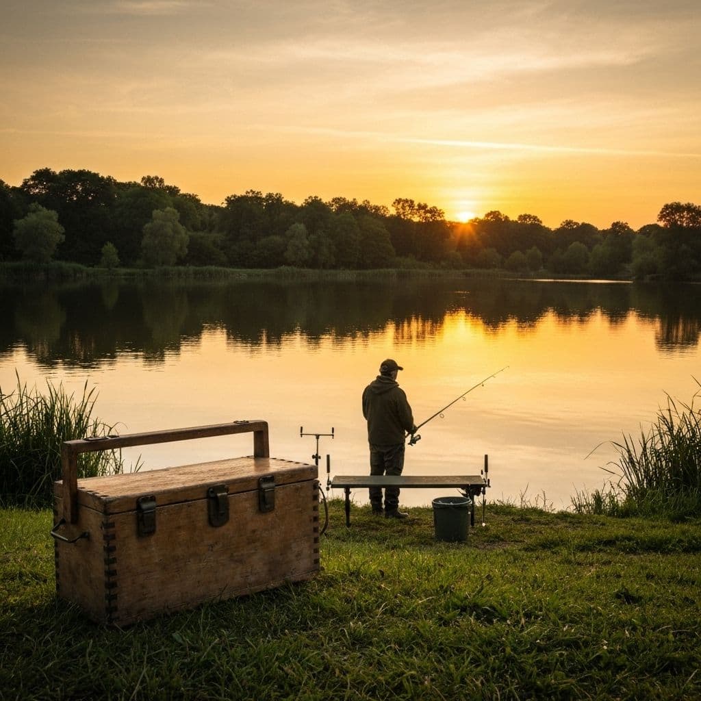 Jake's 4x5 Muley - Serene fishing scene with tackle box by lake at sunset